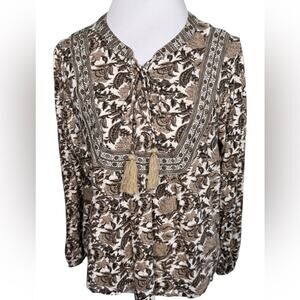Lucky Brand Brown Tan Floral Peasant Blouse with Tassels Size Large